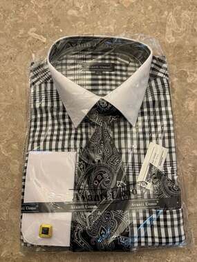 Avanti Uomo Men's Black Gingham Plaid French Cuff Dress Shirt, Tie, and Hanky Se
